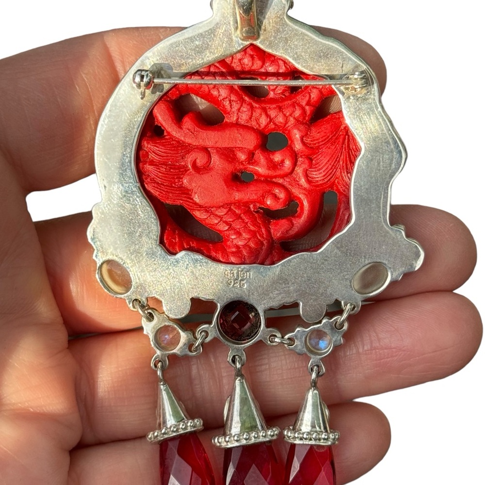 RARE Sajen 925 Sterling silver brooch pendant Garnet cinnabar moonstone - Picture 8 of 8
